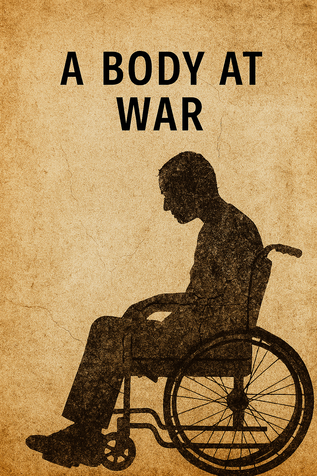 Textured silhouette of a wheelchair user facing left, seated in profile against a cracked beige background. The figure’s head is bowed slightly, with bold black title text ‘A BODY AT WAR’ centered above. The image evokes struggle, solitude, and resilience.
