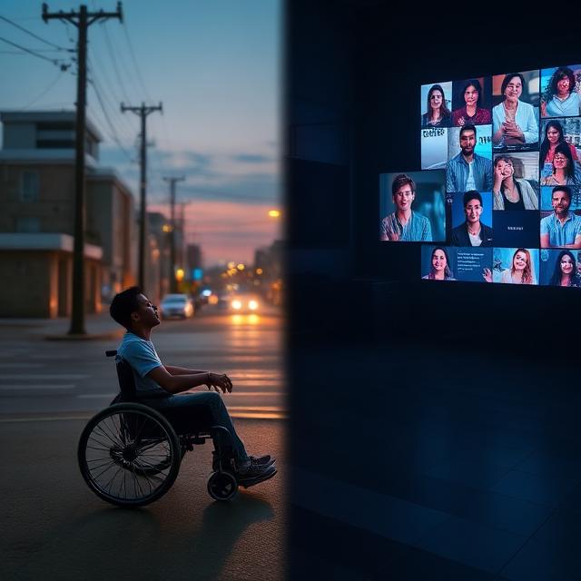Imagine a split scene: On one side, a young man in a wheelchair sits alone on a quiet street at dusk, the fading light casting long shadows. His expression is contemplative, a mix of loneliness and hope. On the other side, a glowing computer screen illuminates a dark room, showing a vibrant digital chat filled with smiling faces and lively conversation. The contrast between the two worlds — the physical solitude and the virtual connection — captures the emotional core of the story. The colors on the street side are muted and cool, while the digital side bursts with warm, inviting hues. This image would visually express the tension between isolation and the desire for connection, truth and illusion, reality and escape.