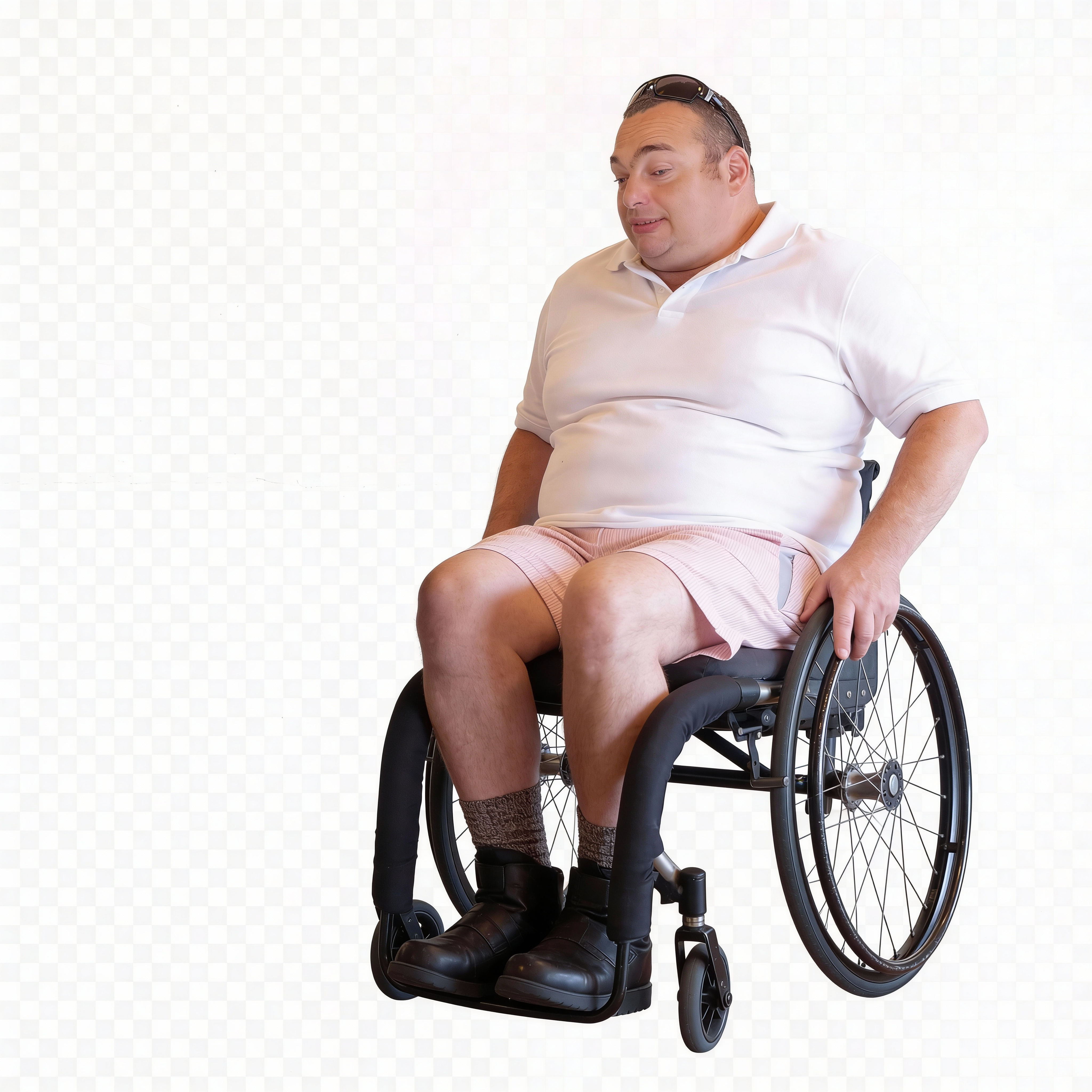 A man seated in a manual wheelchair, wearing a white polo and pink shorts, relaxed and present.