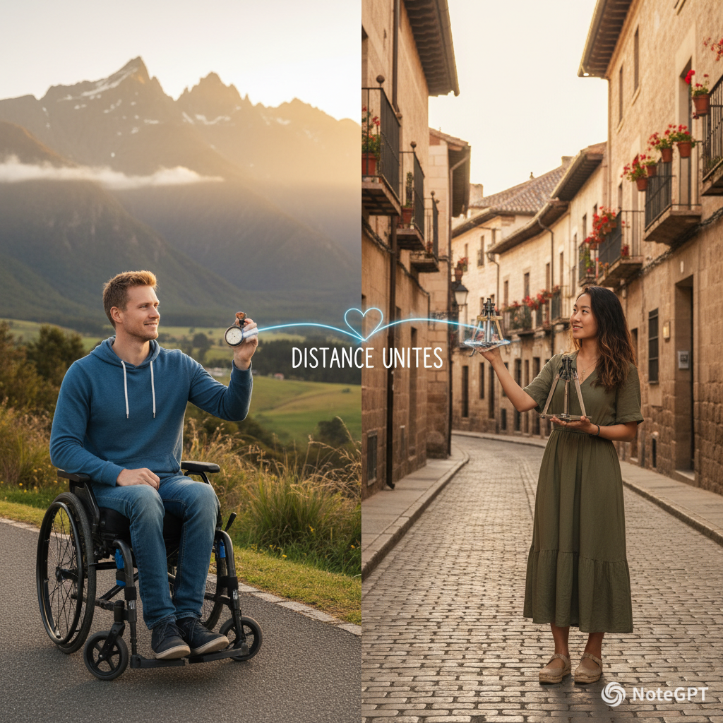 A young white man in a wheelchair in New Zealand and an asian girl in Spain.  The image shows connection but the distance between them.  The man is older tha girl but they are both in their tweenties.