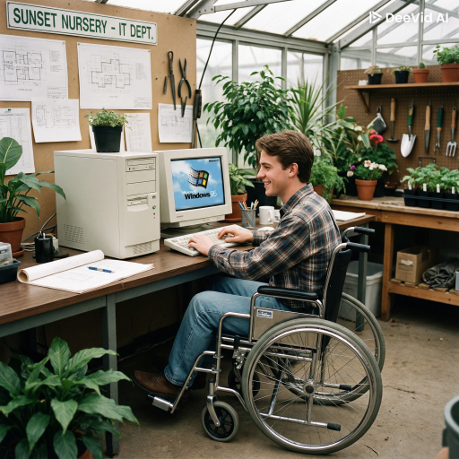 Young man in wheelchair working IT Dept.