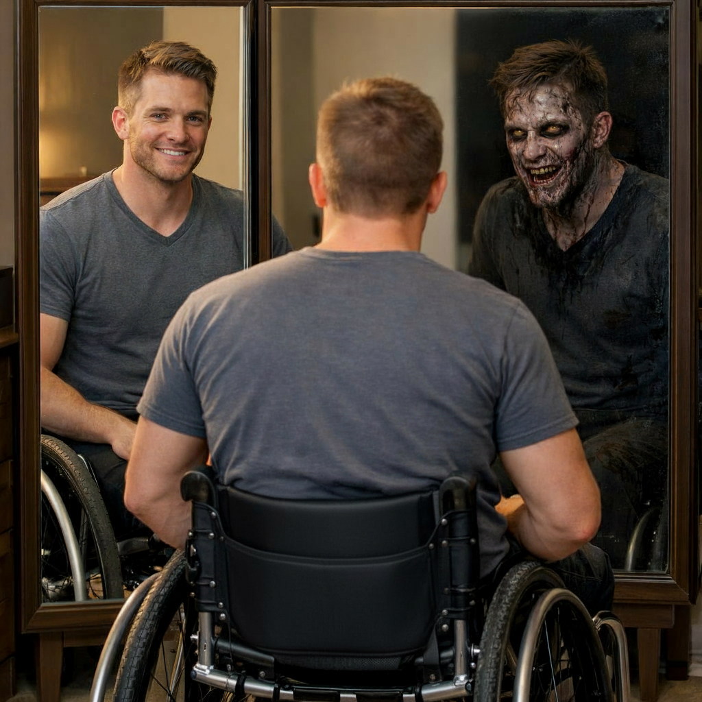 A white guy in a wheelchair looking at a mirror. The mirror shows two reflections. In one the guy is handsome, confident. In the other it is obviously the same guy but tainted by a touch of monster.
